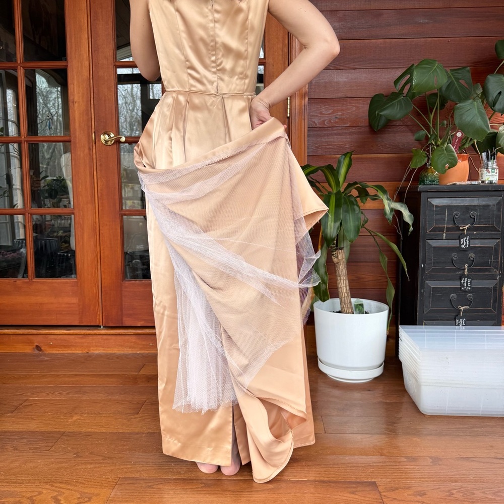 Vintage sleeveless boat neck champagne Party Dress w overskirt  50’s - Picture 15 of 16